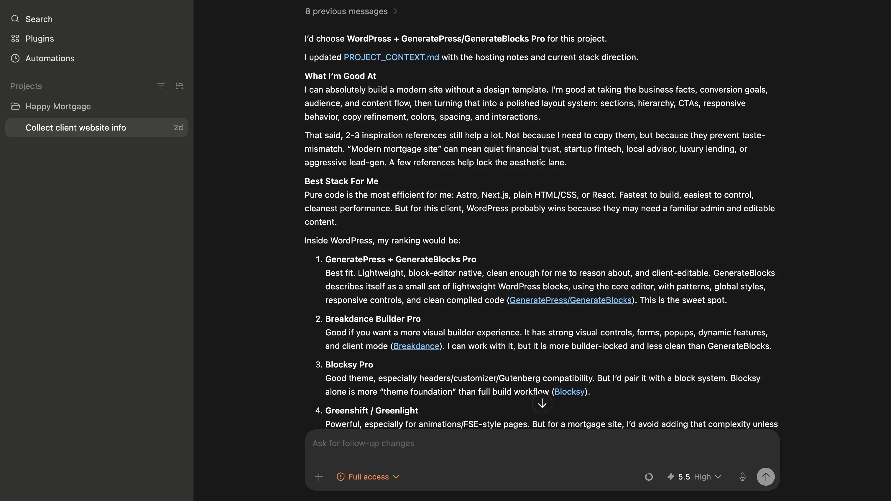 Codex app interface selecting a WordPress stack and planning the project setup.