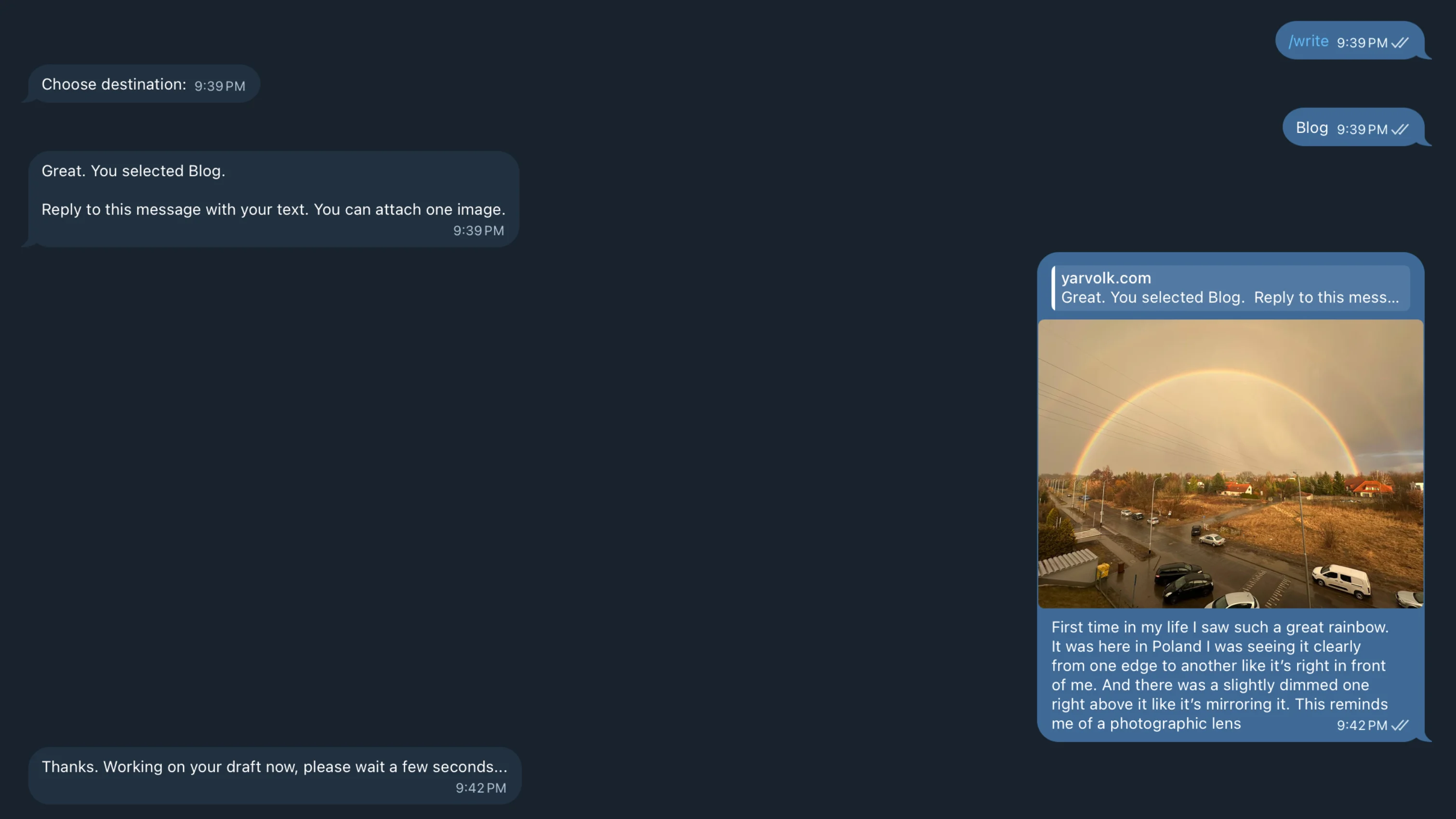 Telegram conversation showing the guided write flow for creating a blog post.