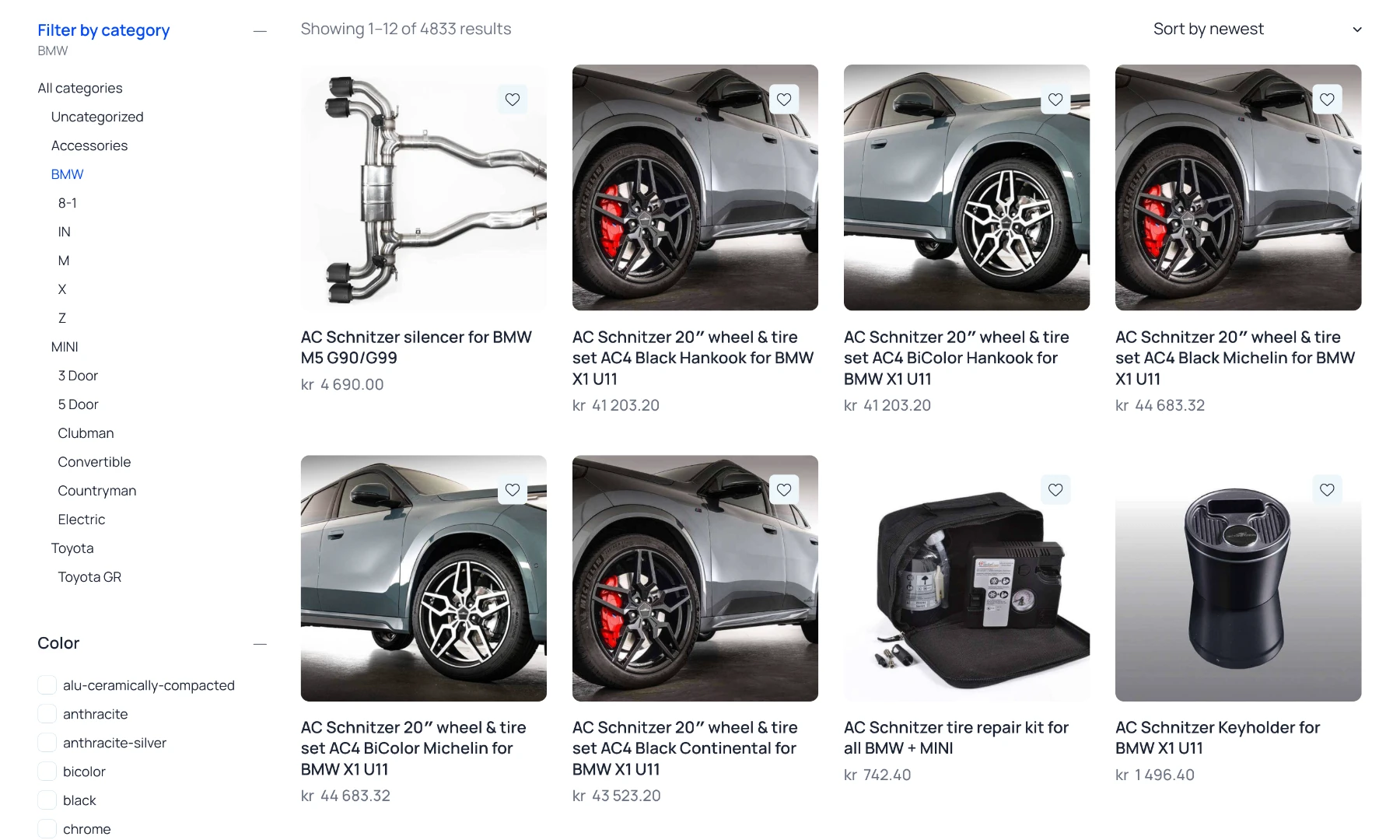 WooCommerce storefront with parts filters and catalog browsing.