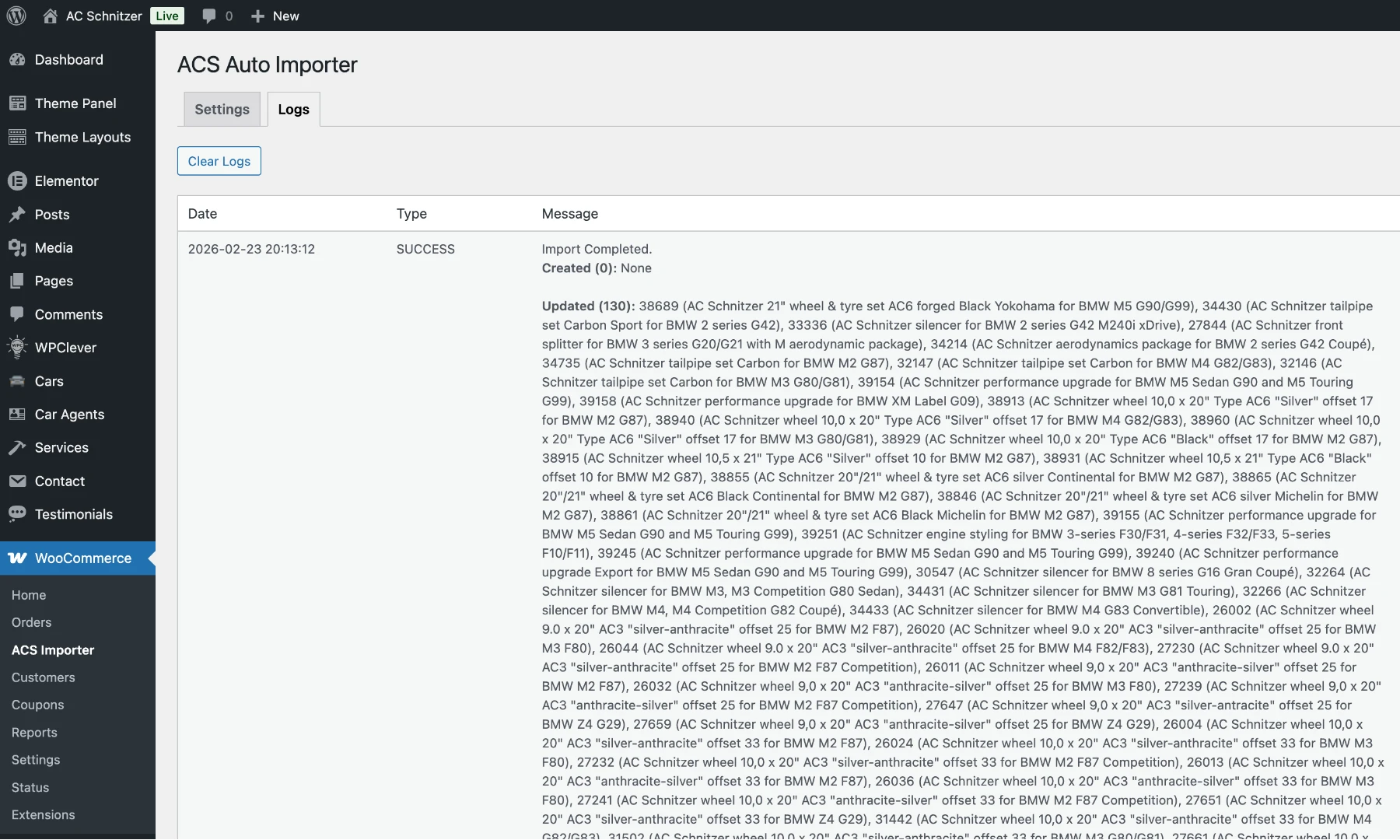 ACS Auto Importer admin screen with update logs.
