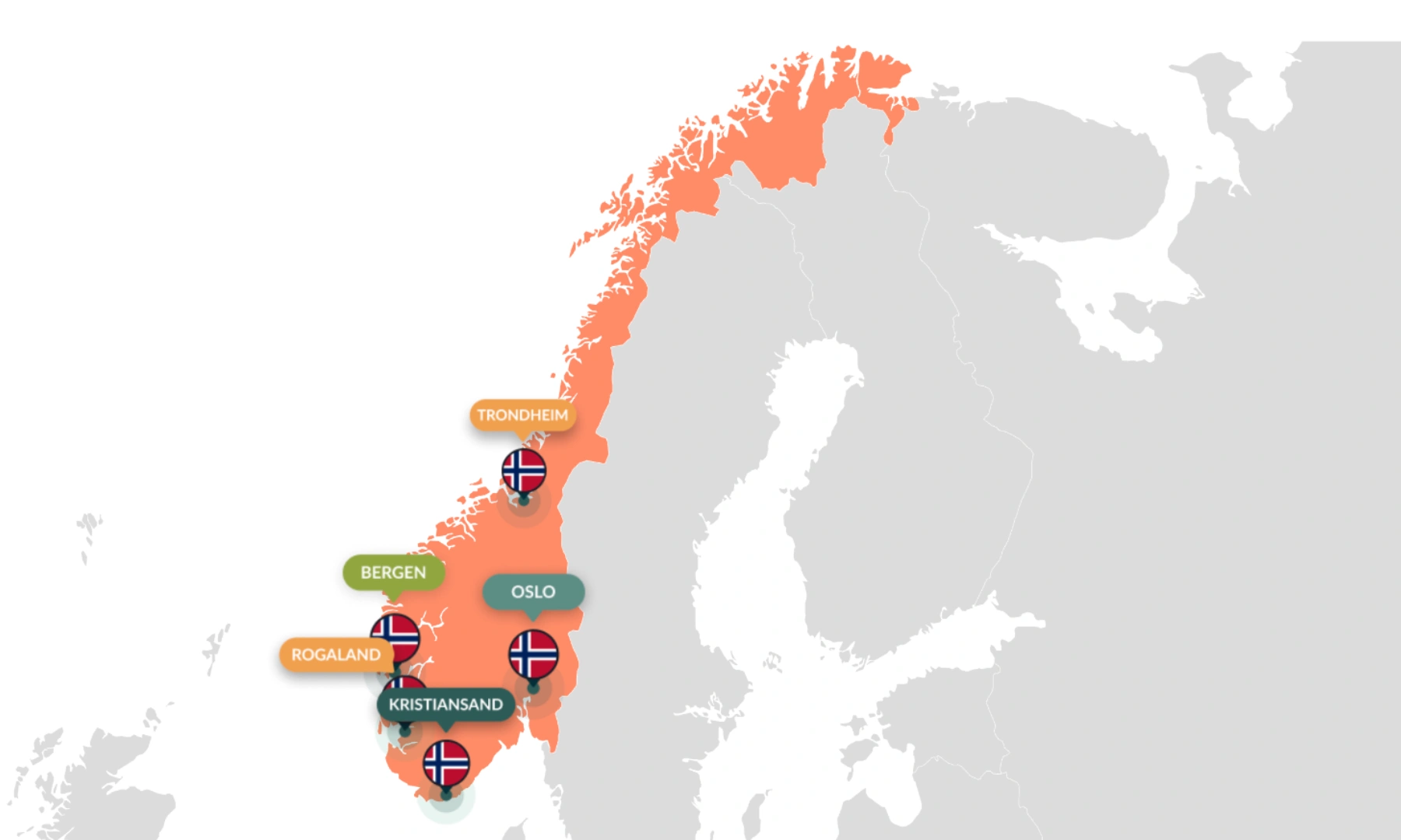 SVG map section showing Norway and service coverage pins.