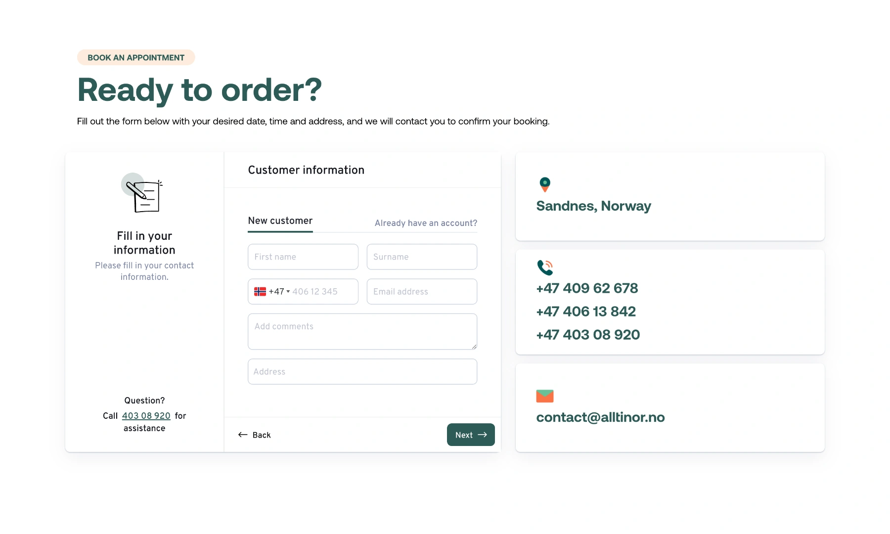 Final booking form step for customer details.