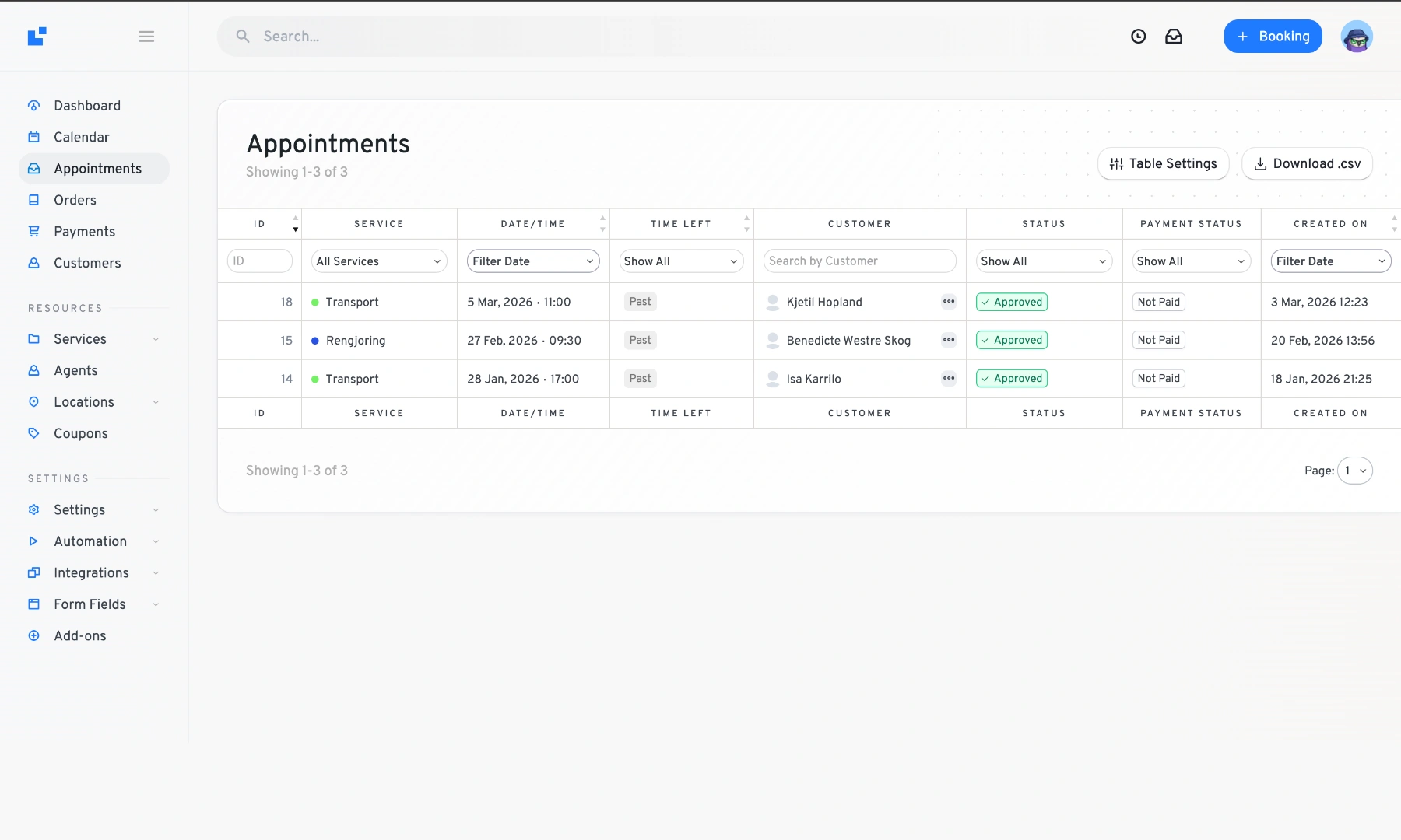 Booking dashboard for admins and service managers.