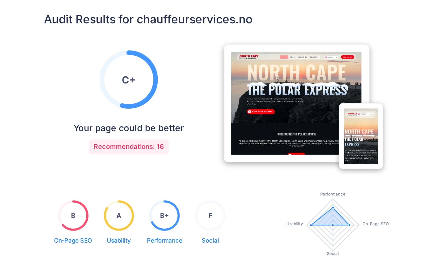 SEO audit score before optimization showing a C plus rating.