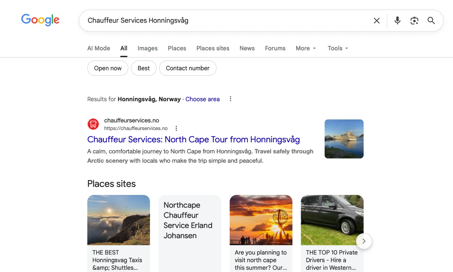 Google search result showing North Cape Chauffeur Services ranking first for Chauffeur Services Honningsvag.