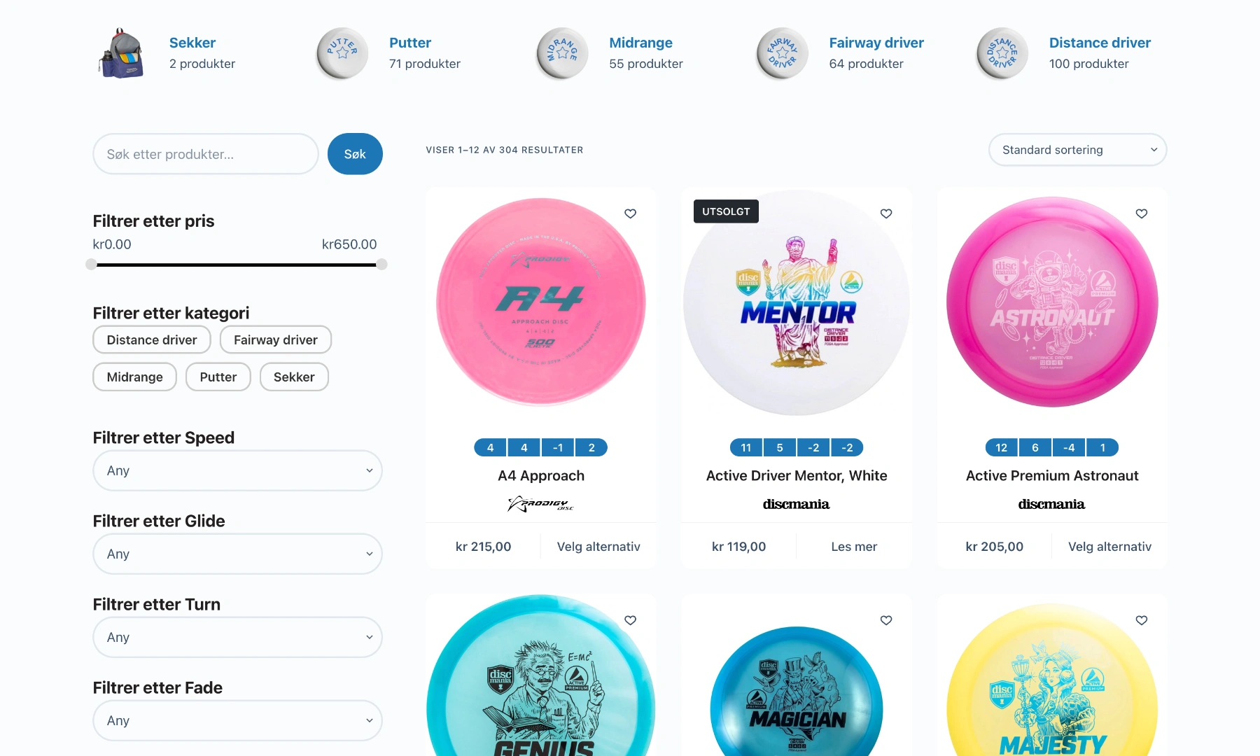 Products archive with sidebar filters and top-level category shortcuts.