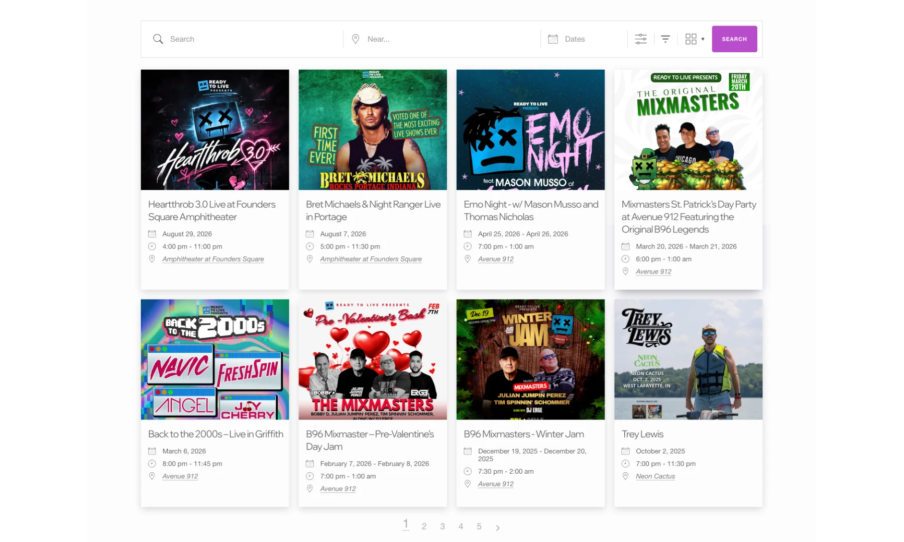 Events archive page with published shows.