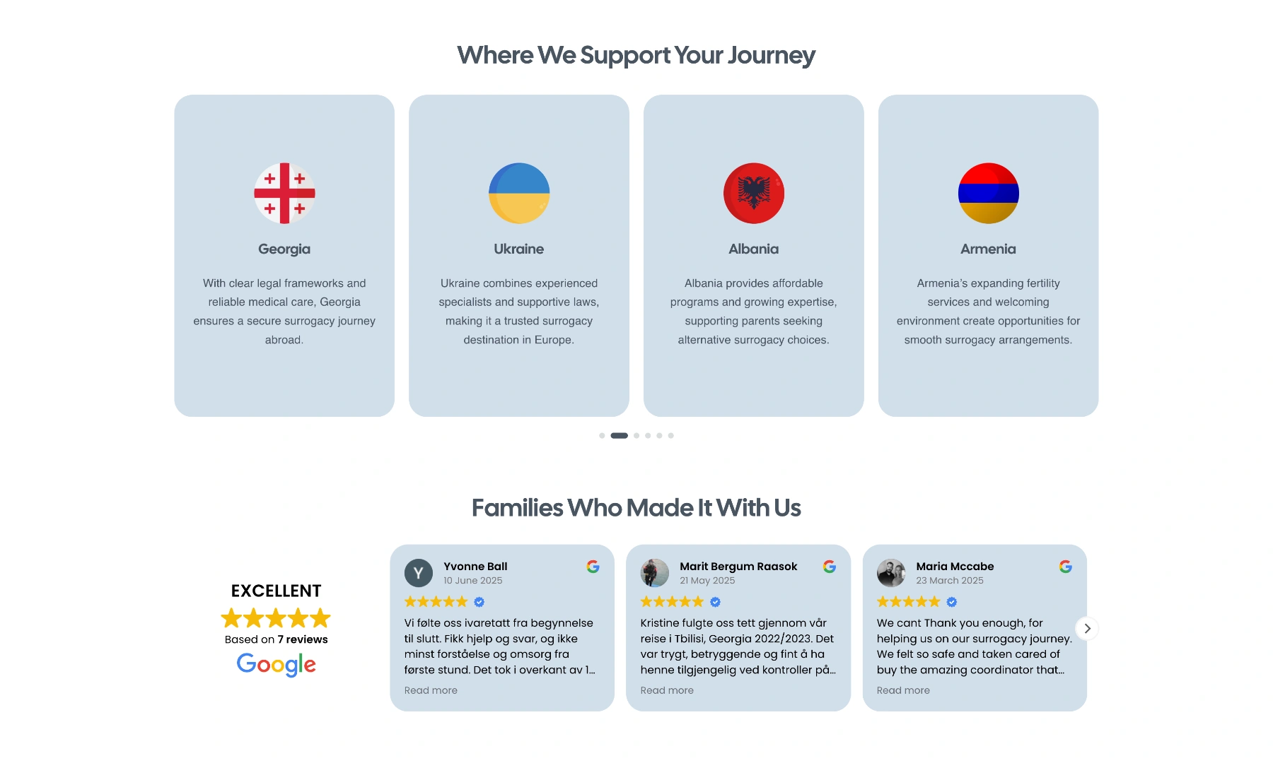 Homepage sliders for destinations and Google reviews.