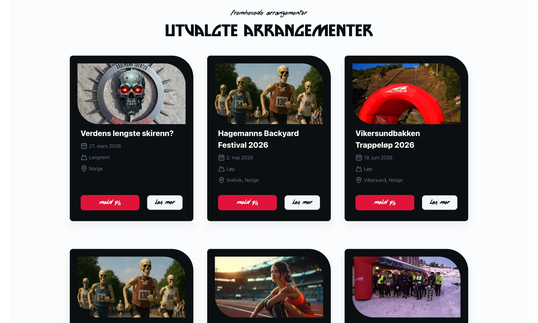 Events grid with custom event cards.