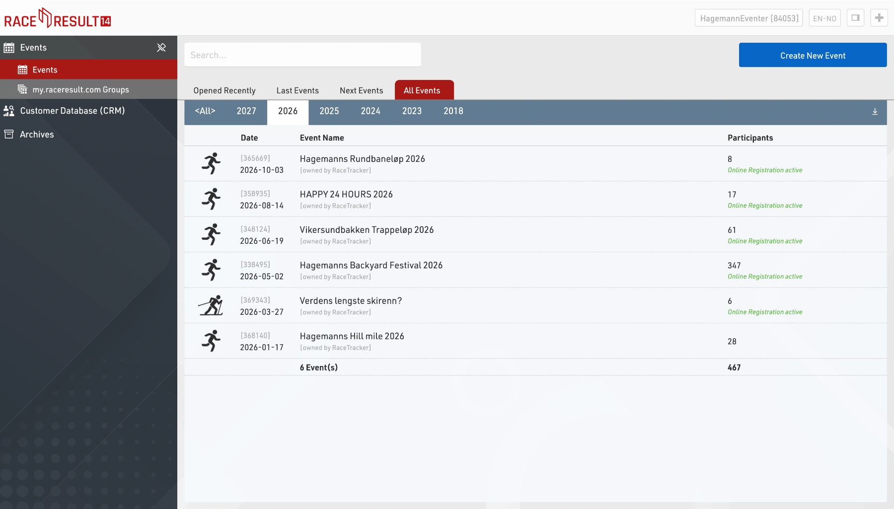 RACE RESULT dashboard with event list.