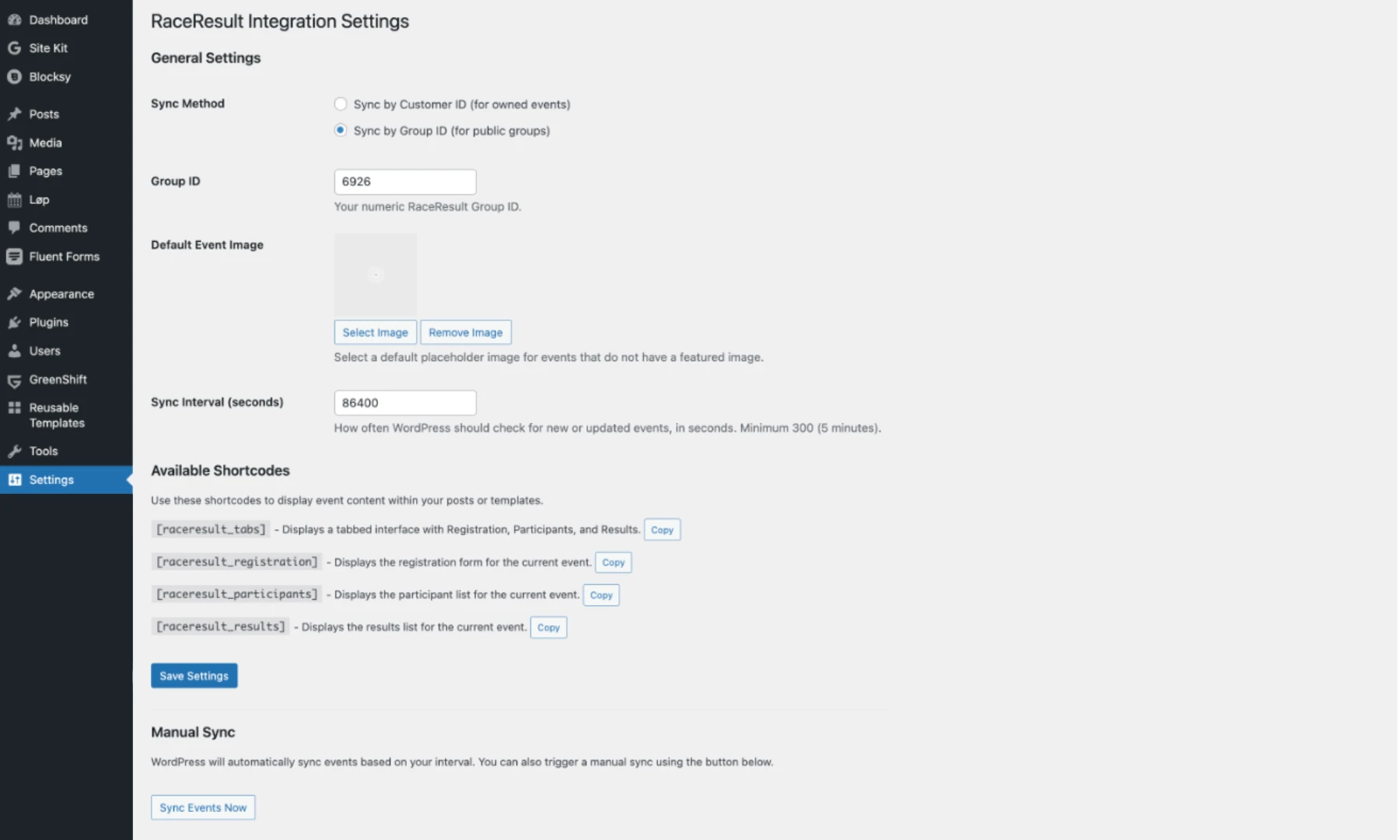 Raceresult Integration settings inside WordPress admin.