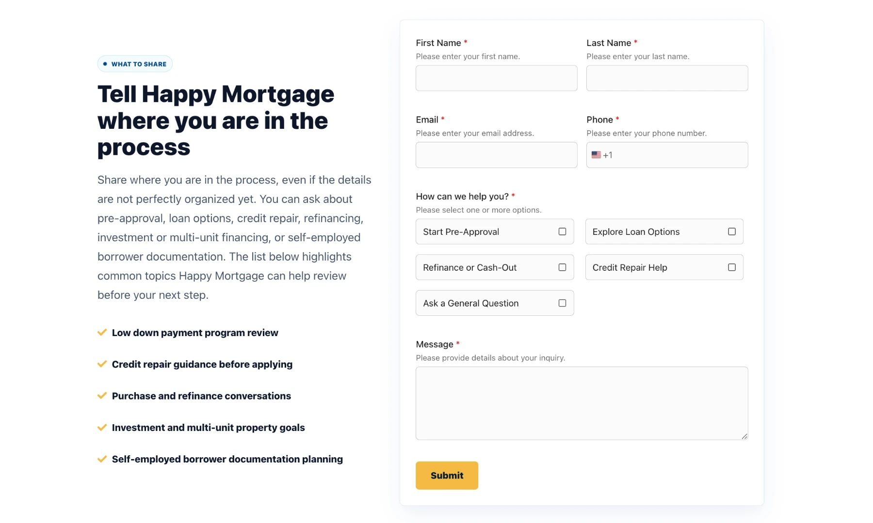 Contact page with inquiry options and the contact form layout.