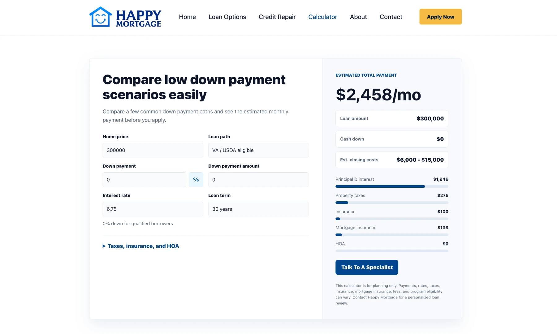 Mortgage calculator interface with results breakdown.