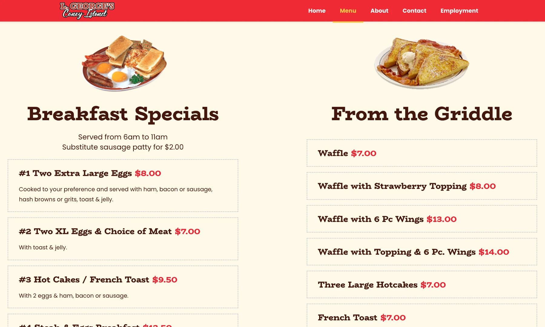 L. George's Coney Island restaurant menu page.
