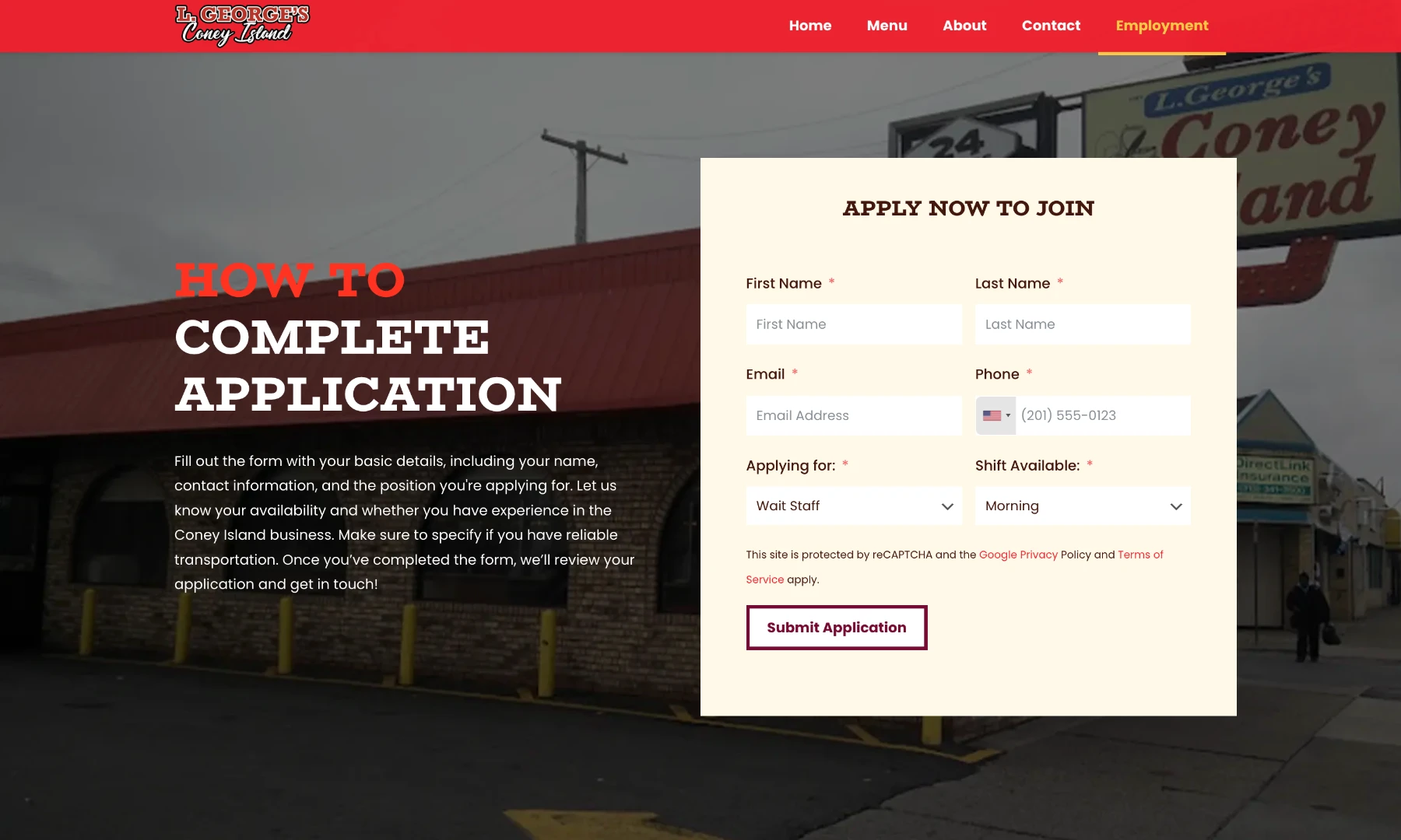 L. George's Coney Island employment form.