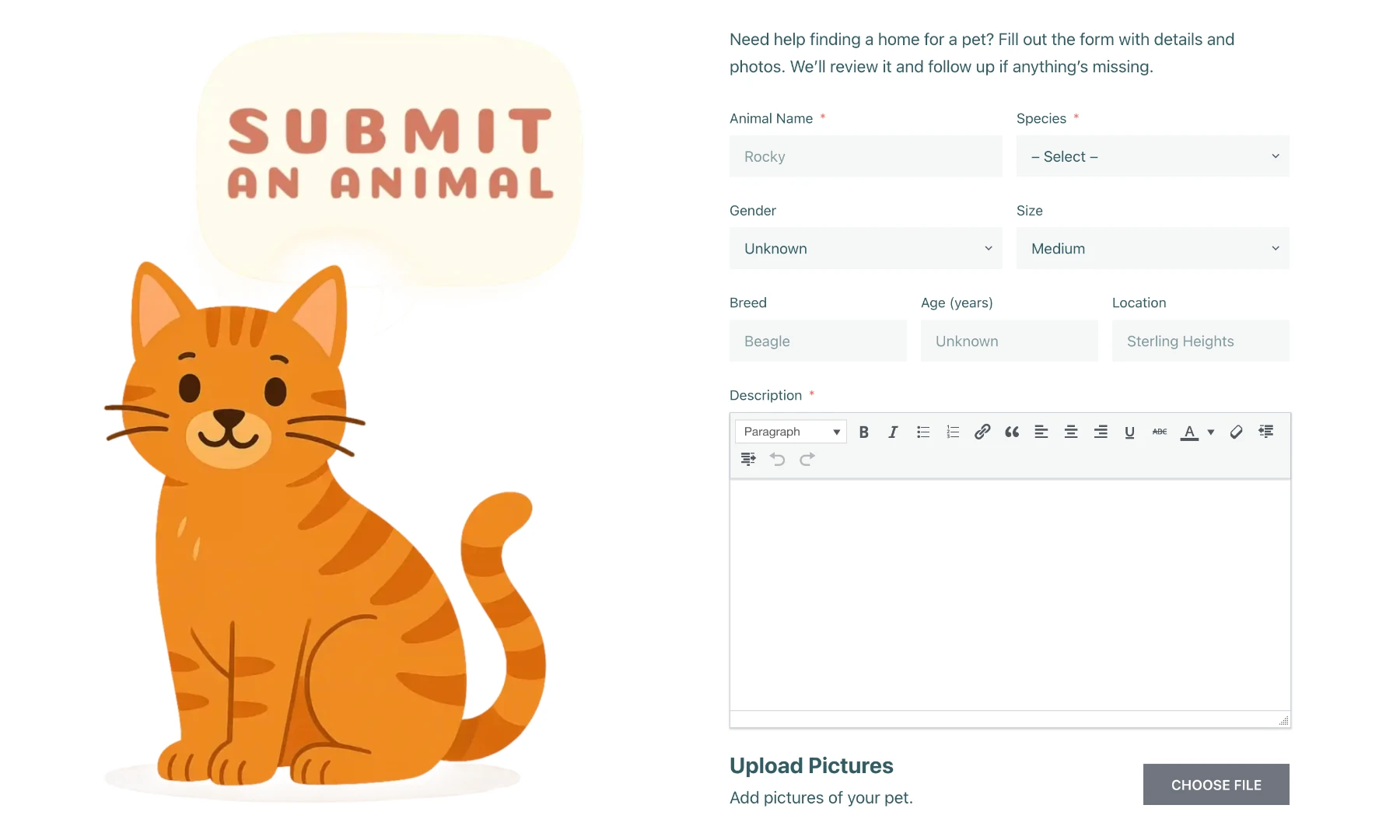Motor City Pets submission form.
