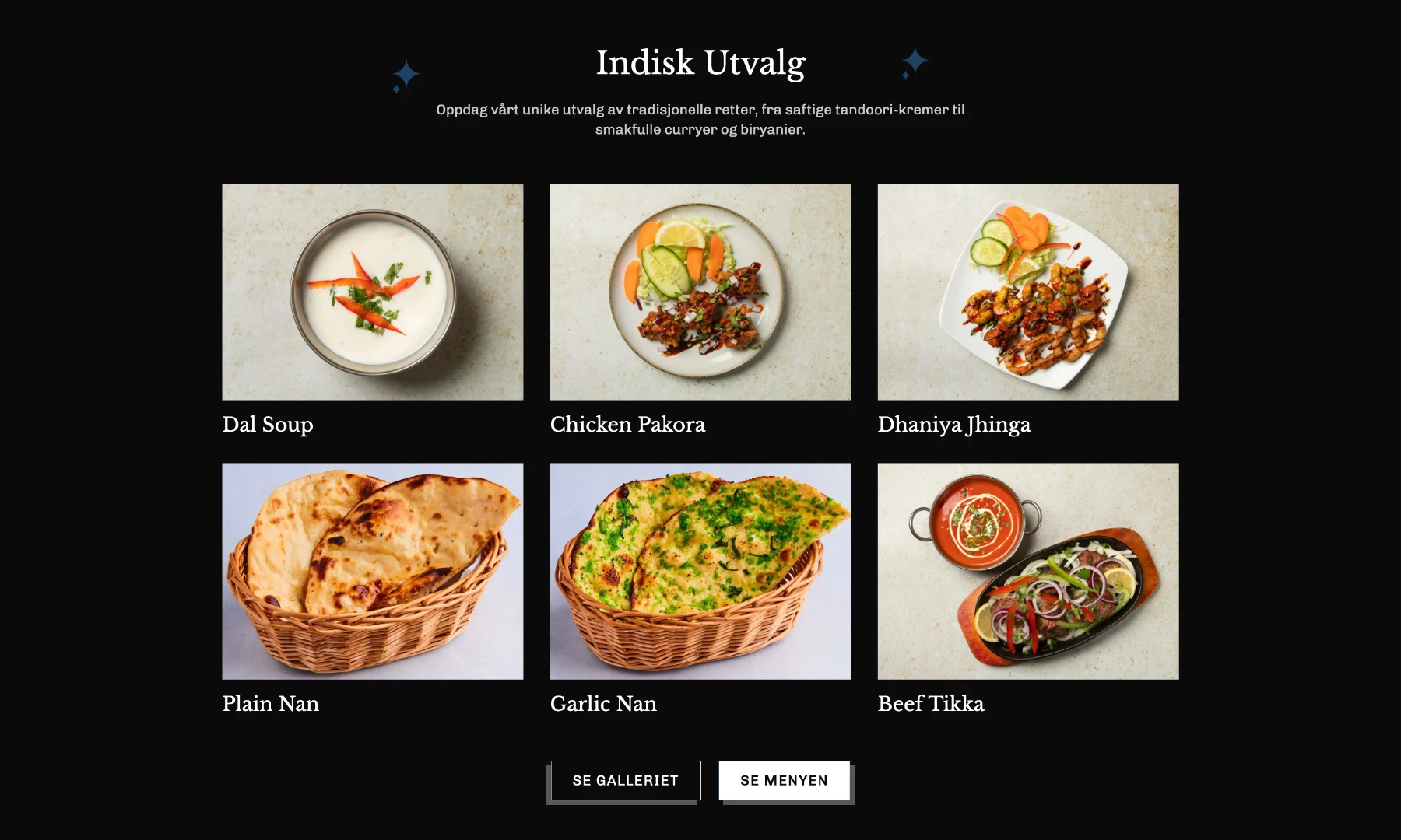 Meals page section showing featured dishes with photography.