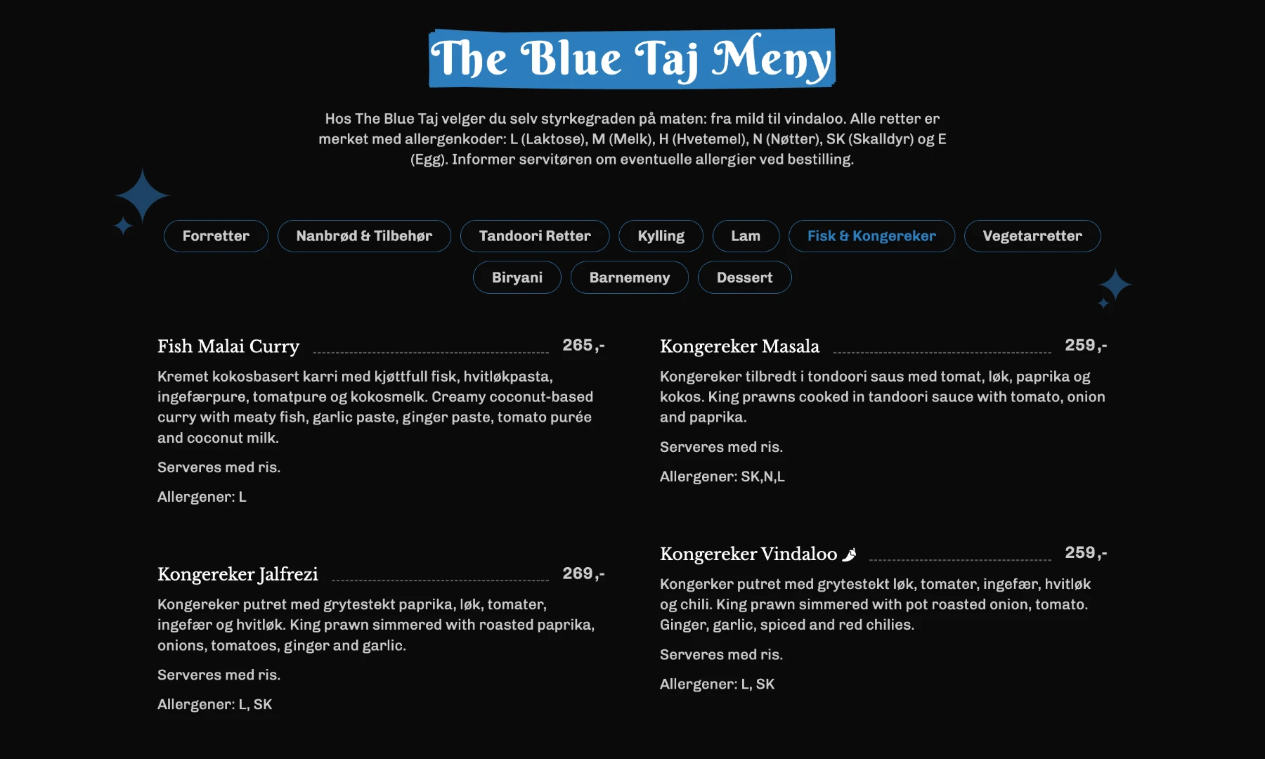 Restaurant menu page with prices, filters, and conditional metadata.