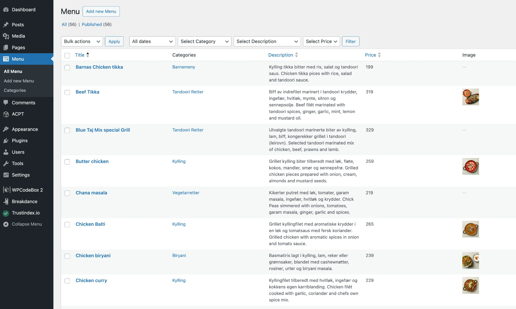 WordPress admin view of the custom menu management system.