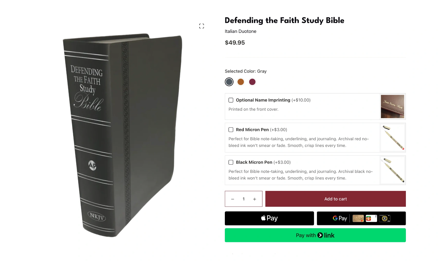 Bible product page with custom add-ons.