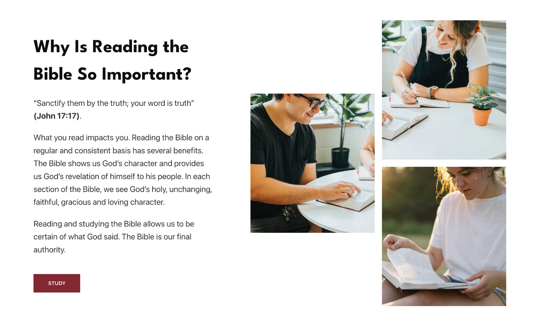 Homepage section explaining the value of reading the Bible.